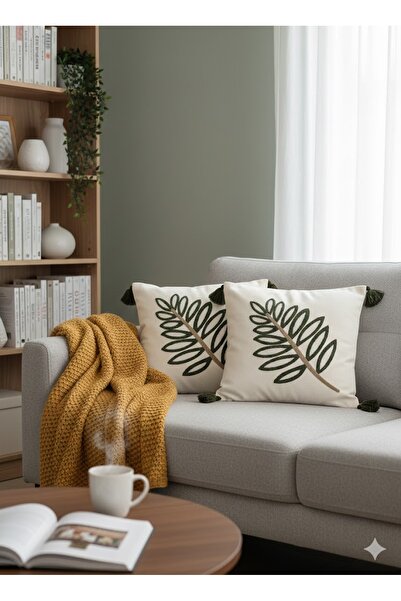 SİMEREV HALI HOME CONSEPT Punch Nakışlı 2 Adet Krem Kumaş Püsküllü Dokuma Kırlent Kılıfı Modern Desen Yastık Kılıf