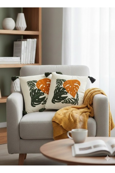 SİMEREV HALI HOME CONSEPT Punch Nakışlı 2 Adet Krem Kumaş Püsküllü Dokuma Kırlent Kılıfı Modern Desen Yastık Kılıf