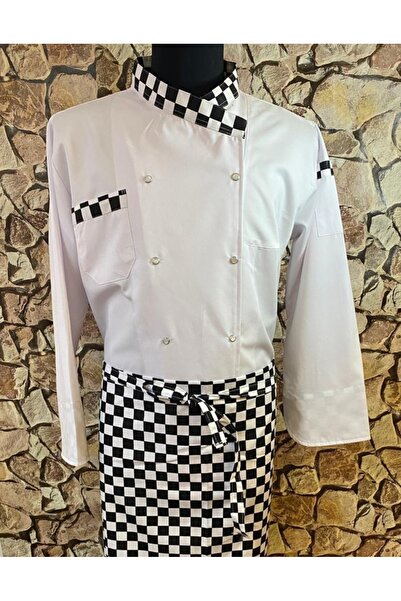 MARTEN طقم ملابس مطبخ يتكون من قميص الطاهي وسترة ومريلة مربعة النقش