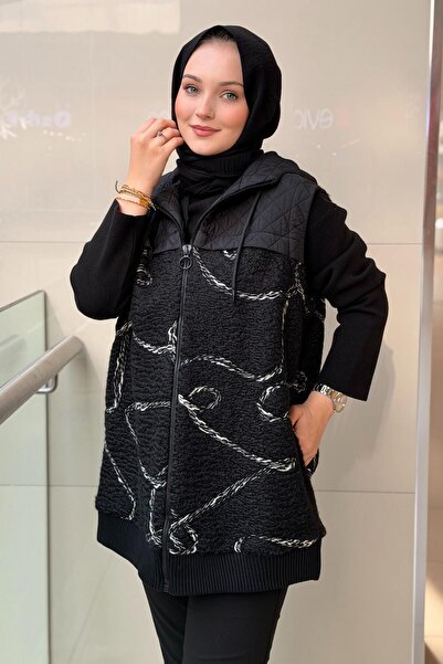 Ghisa Random Patterned Front Zipper Hooded Lamb Vest