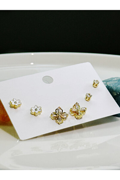 Lotus küpe ALTIN RENK ÇİÇEK MOTİFLİ 3'LÜ KÜPE SETİ MİNİMAL