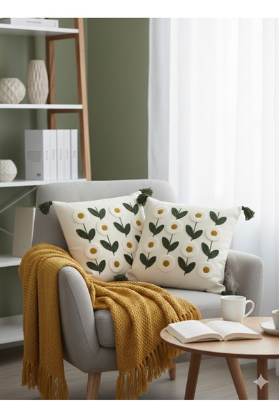 SİMEREV HALI HOME CONSEPT Punch Nakışlı 2 Adet Krem Kumaş Püsküllü Dokuma Kırlent Kılıfı Modern Desen Yastık Kılıf