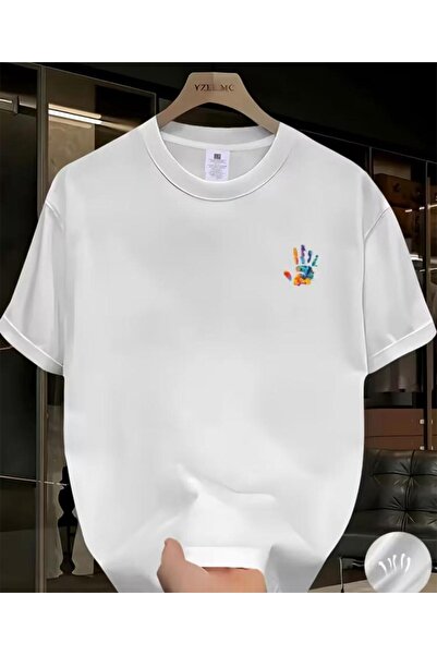 LELVANİ TRICOU BASIC CU MOTIV COLORAT CU AMPRENTĂ DE MÂNĂ, ALB-NEGRU