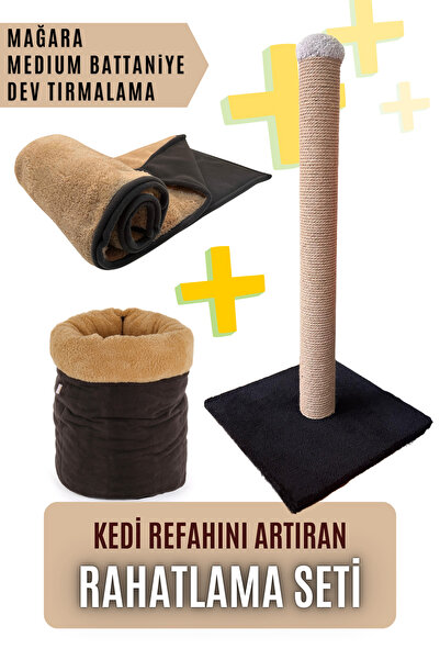 pawdaz Kedi Rahatlama Seti ( Battaniye + Mağara + Dev Tırmalama Kulesi) - Str...