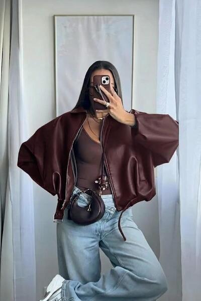 Jaglion Oversized Women's Leather Jacket with Zipper Belt Detail