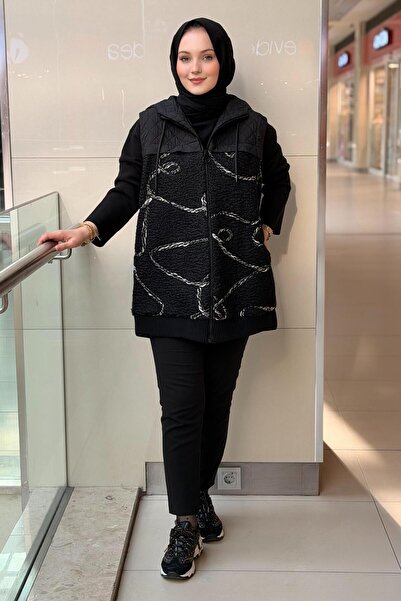 Ghisa Random Patterned Front Zipper Hooded Lamb Vest