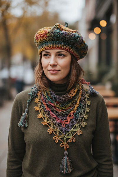Satürn Hobi Knitted Bohemian Sparkling Painter Beret, Hat & Neck Warmer Set, Kit