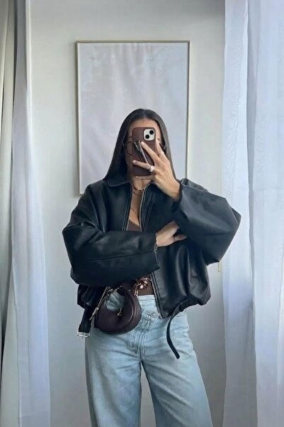 Jaglion Oversized Women's Leather Jacket with Zipper Belt Detail