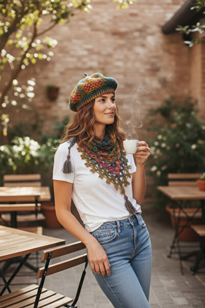 Satürn Hobi Knitted Bohemian Sparkling Painter Beret, Hat & Neck Warmer Set, Kit