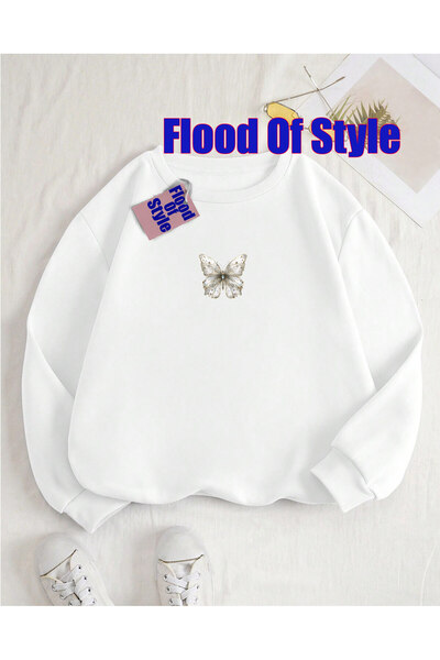 Flood Of Style Fluture alb Minimalist cu imprimeu Biskilet Guler Swea tricou
