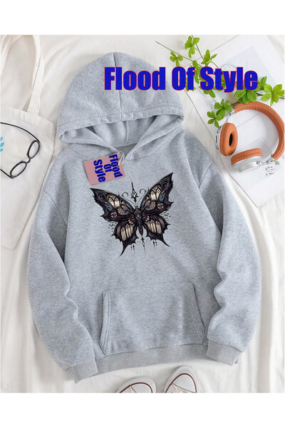 Flood Of Style Fluture gri Minimalist cu imprimeu Biskilet Yaka Swea tricou