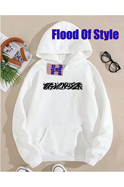 Flood Of Style Сива блуза с минималистичен принт и качулка