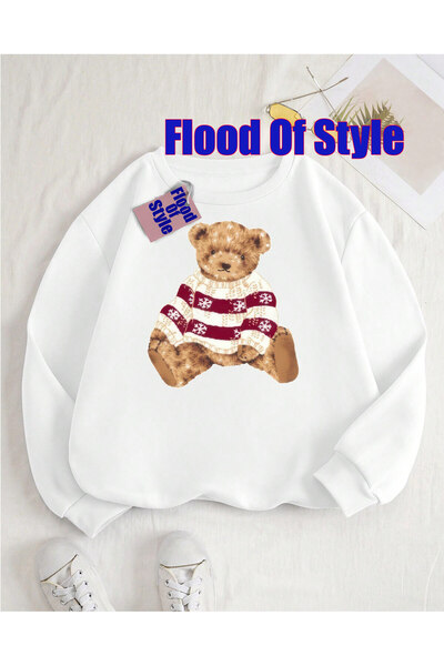Flood Of Style BEAR minimalist în pulover alb cu imprimeu Biskilet Swea tricou