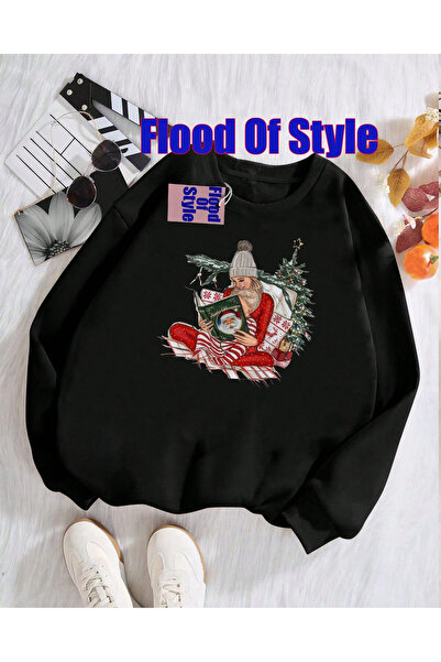 Flood Of Style سويت شيرت أسود بياقة بيسكيت مينيماليست مطبوع من نويل