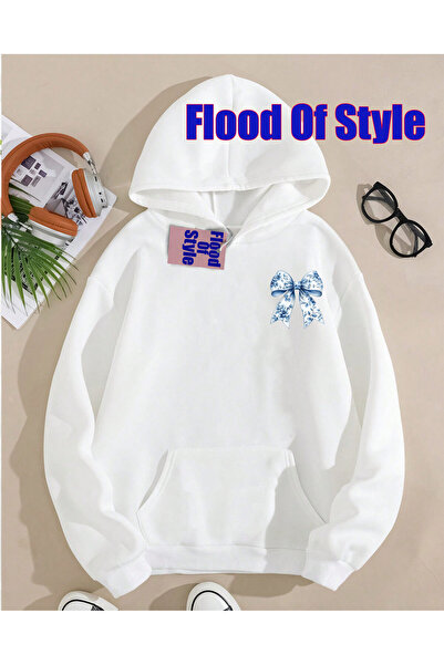 Flood Of Style Sweatshirt cu guler Biskilet, minimalist, cu imprimeu, alb, cu...