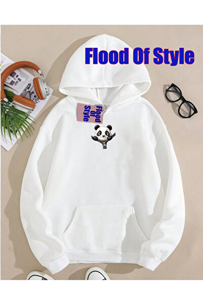 Flood Of Style سويت شيرت أبيض باندا مينيماليست مطبوع بياقة بيسكيت