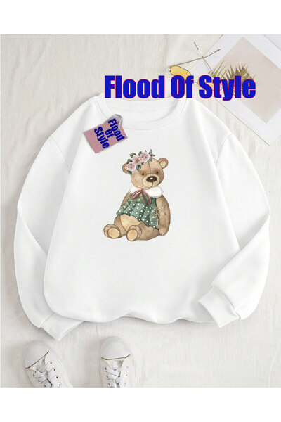 Flood Of Style Hanorac alb GREEN BEAR Minimalist B cu imprimeu cu guler biseret