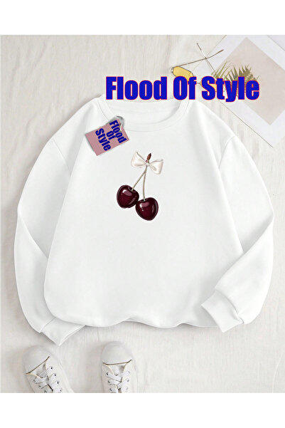 Flood Of Style سويت شيرت أبيض الكرز بتصميم بسيط مطبوع بياقة دائرية
