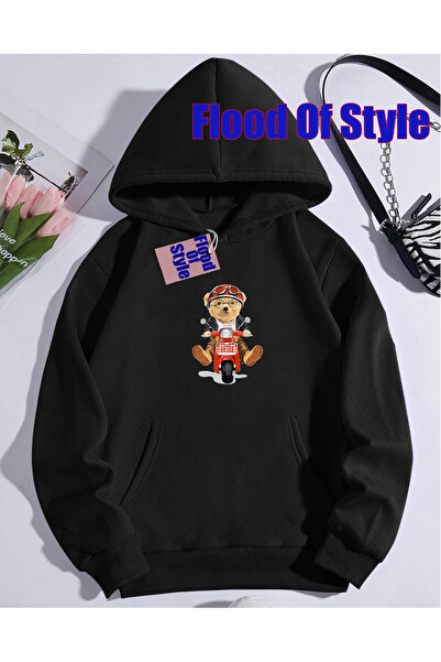 Flood Of Style سويت شيرت أسود بياقة بيسكيتيل مطبوع من موتور بير مينيماليست