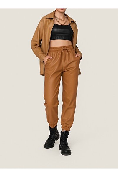 ibeeka Pantaloni din piele cu talie elastică - culoare bronzată