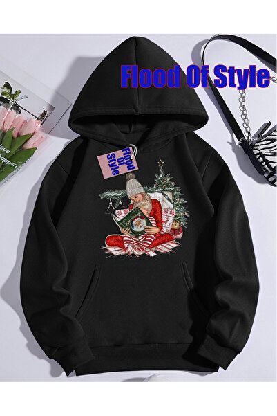 Flood Of Style سويت شيرت أسود بياقة بيسكيت مينيماليست مطبوع من نويل