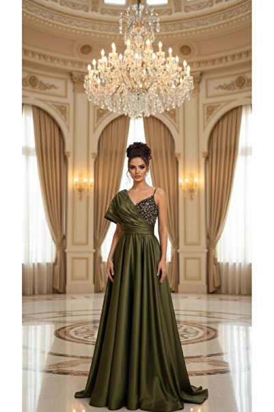 Zeyn KADIN ABİYE ASİMETRİK YAKA TAŞ İŞLEME DETAYLI A KESİM UZUN ELBİSE