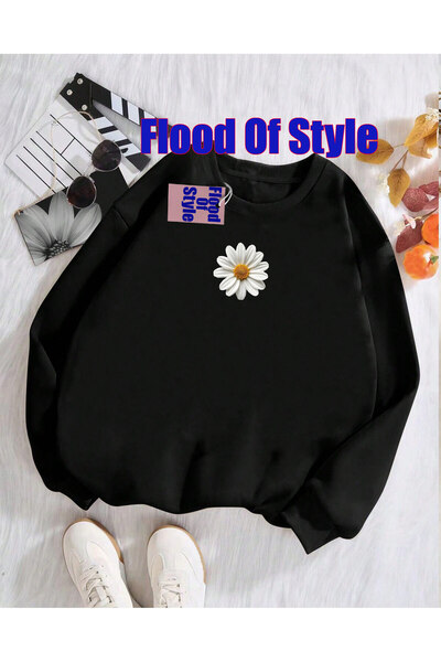 Flood Of Style سويت شيرت بلاك ديزي مينيماليست مطبوع ذو ياقة دائرية