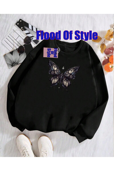 Flood Of Style Fluture negru Minimalist cu imprimeu Biskilet Guler Swea tricou