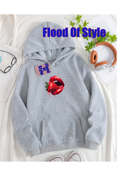 Flood Of Style Φούτερ με λαιμόκοψη γκρι μινιμαλιστικό με τύπωμα Biskilet