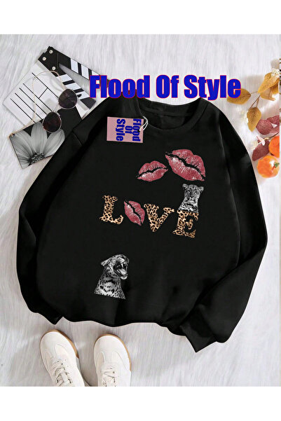 Flood Of Style Sweatshirt negru Love Minimalist cu imprimeu cu gâtul în formă...