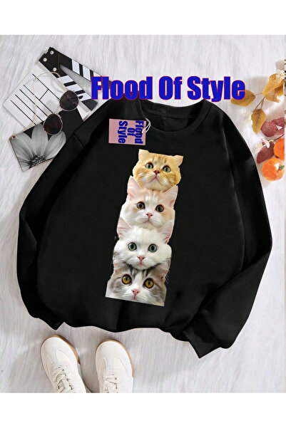 Flood Of Style سويت شيرت بياقة بيسكيت مطبوع من بلاك كات مينيماليست