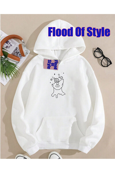 Flood Of Style Μινιμαλιστικό φούτερ με λαιμόκοψη με τύπωμα με σχέδιο λευκής κ...