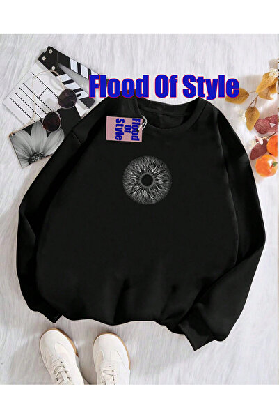 Flood Of Style Hanorac negru simplu, minimalist, cu guler cu imprimeu Biskile...