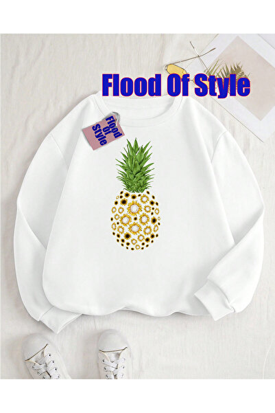 Flood Of Style Φούτερ με λευκό ανανά μινιμαλιστικό με τύπωμα γιακά μπλουζάκι