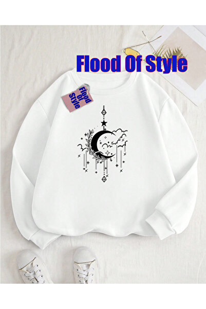 Flood Of Style Φούτερ με λαιμόκοψη μινιμαλιστικό στυλ White Moon FANCY με τύπωμα