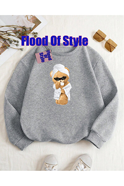 Flood Of Style Сив халат с мече Минималистична блуза с велосипедна яка и принт