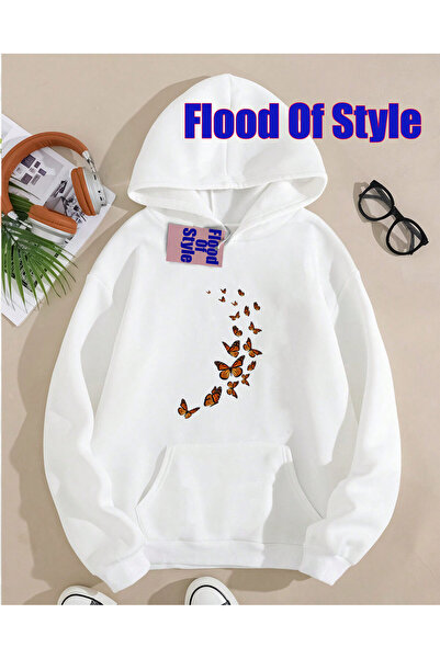 Flood Of Style Fluture alb Minimalist cu imprimeu Biskilet Guler Swea tricou