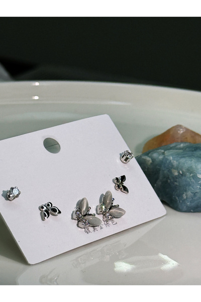 Suare Concept طقم أقراط فولاذية مكون من 3 قطع مع تصميم الفراشة وإبرة فضية