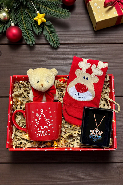 Zemtigo Yılbaşı Kahve Kupa Bardak Ve Yılbaşı Çorap & Peluş Ayıcıklı Zirkon Kar Tanesi Kolye Yılbaşı Hediye