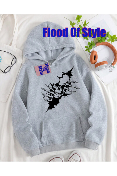 Flood Of Style Black Ghost Face Minimalist cu imprimeu Biskilet Yaka Sweatshirt