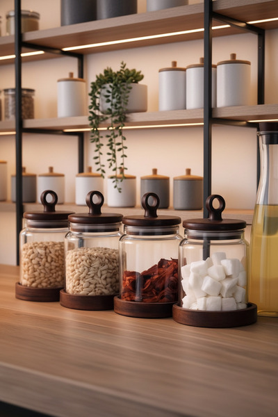 Paşabahçe Set of 4 400ml Glass Storage Jars with Acacia Wood Lids - Spice Jar Legume and Nuts Storage Container