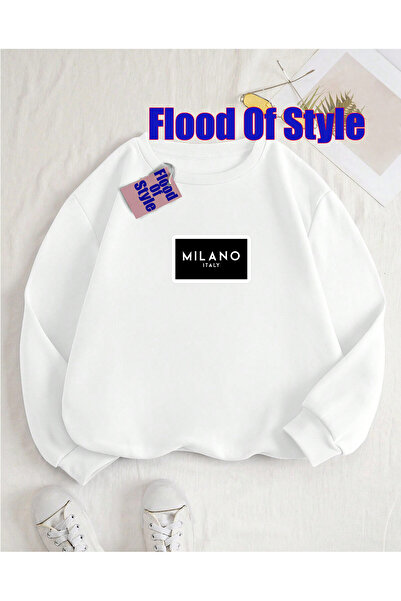 Flood Of Style سويت شيرت أبيض ميلانو مينيماليست مطبوع بياقة دائرية