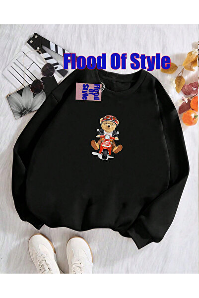 Flood Of Style سويت شيرت أسود بياقة بيسكيتيل مطبوع من موتور بير مينيماليست