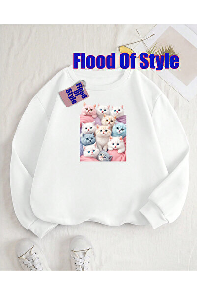 Flood Of Style Λευκή γάτα Μινιμαλιστική μπλούζα με λαιμόκοψη με τύπωμα