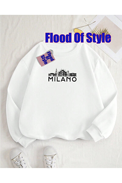 Flood Of Style سويت شيرت أبيض ميلانو مينيماليست مطبوع بياقة دائرية