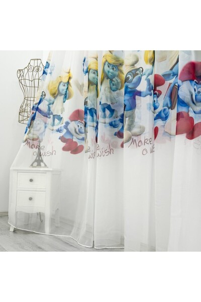 CumparaMisim Children's silk curtain, Smurfs printed pattern, 140cm width x 260cm height, with drapery for
