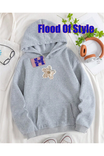 Flood Of Style Sweatshirt cu guler Biskilet cu imprimeu minimalist Gri Papatya