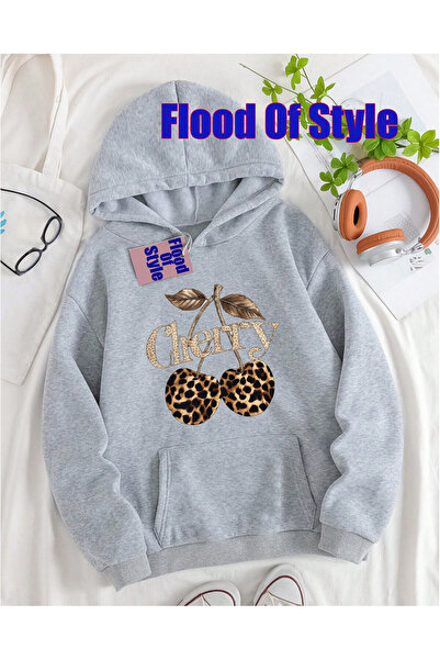 Flood Of Style Grey Cherry Minimalist cu imprimeu Biskilet Swea cu guler tricou