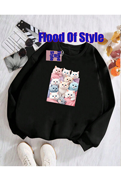 Flood Of Style سويت شيرت بياقة بيسكيت مطبوع من بلاك كات مينيماليست