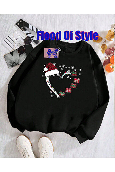 Flood Of Style سويت شيرت أسود بياقة بيسكيت مينيماليست مطبوع من نويل
